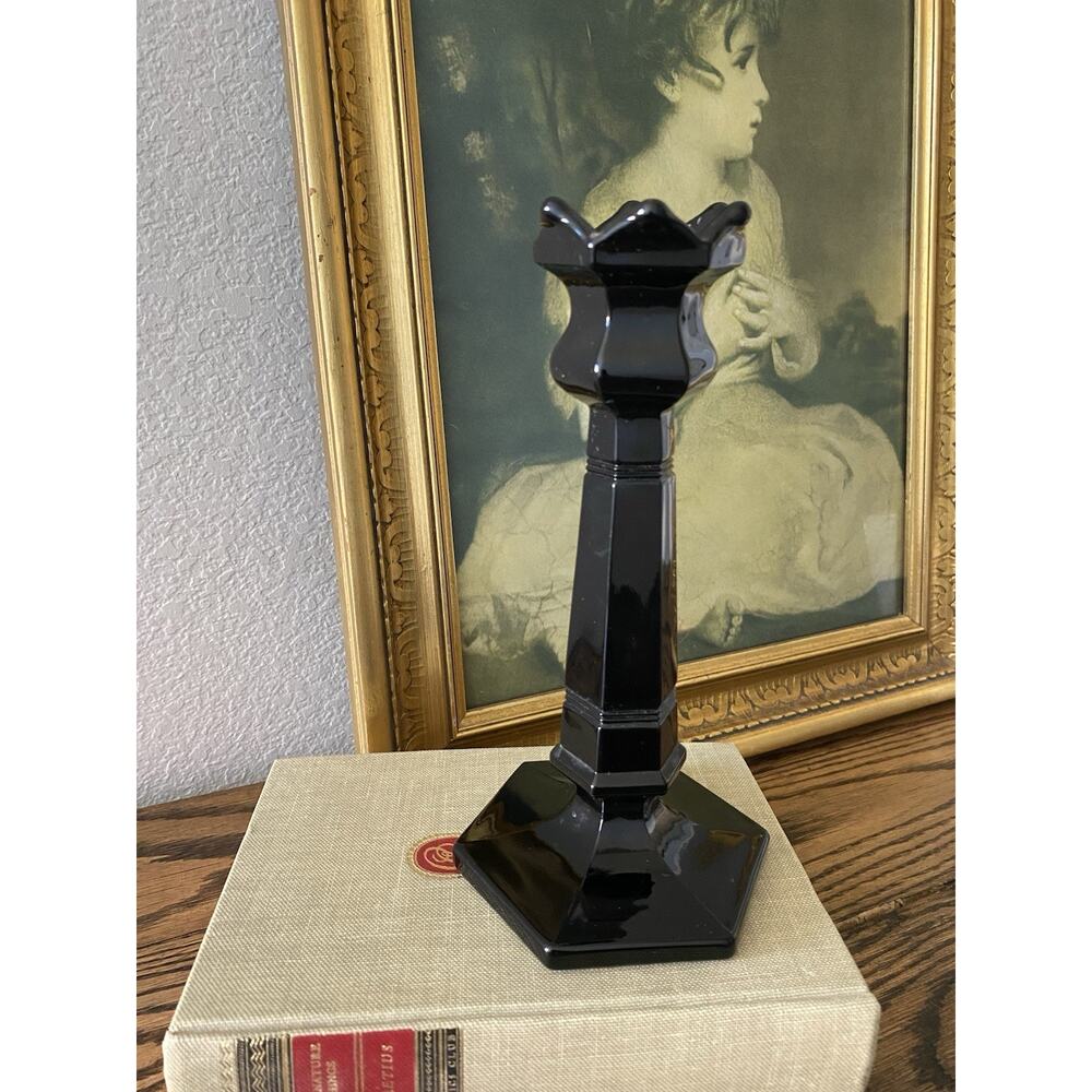 Rare Vintage Black Glass Crown Candle Holder L.E Smith Glass Candlestick Holder